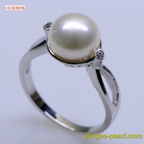 心艺珍珠图片:(9.5-10mm白色)珍珠戒指JZ12003