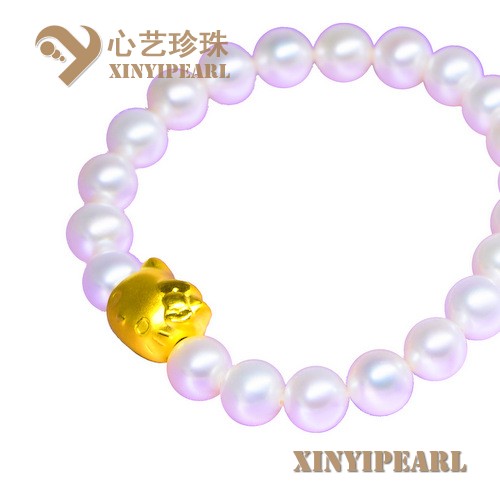 (8-9mm白色纯金kitty猫)珍珠手链XY15138__心艺珍珠饰品网-饰品图片